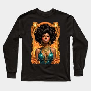 Elegant Black Woman in green dress retro vintage floral design Long Sleeve T-Shirt